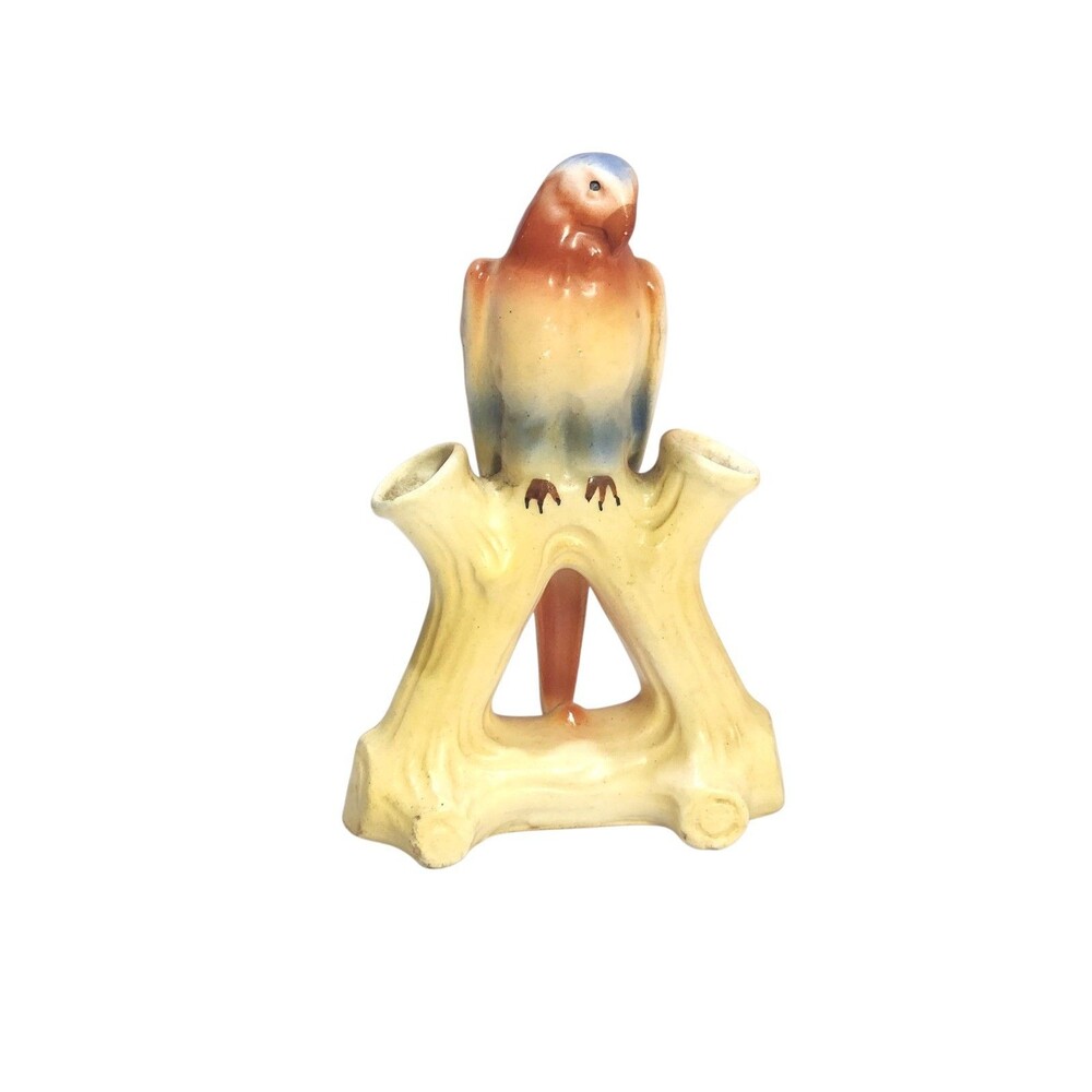 Parrot Flower Bud Vase Colorful Avian Bird Czechoslovakia Dime Mark‎ 5.75" Tall